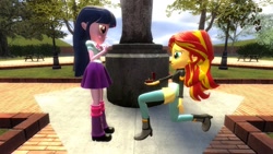 Size: 1360x768 | Tagged: safe, artist:mk513, derpibooru import, sunset shimmer, twilight sparkle, twilight sparkle (alicorn), alicorn, equestria girls, 3d, blushing, female, gmod, lesbian, marriage proposal, shipping, sunsetsparkle, wedding ring