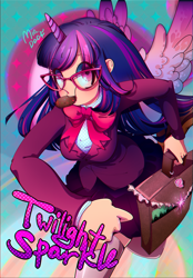 Size: 3000x4300 | Tagged: safe, artist:mia-doof, derpibooru import, twilight sparkle, twilight sparkle (alicorn), alicorn, human, clothes, cookie, food, glasses, horned humanization, humanized, looking at you, run, school uniform, schoolgirl toast, skirt, solo, winged humanization