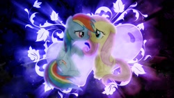 Size: 1920x1080 | Tagged: safe, fluttershy, rainbow dash, pegasus, pony, female, flutterdash, lesbian, shipping, wallpaper