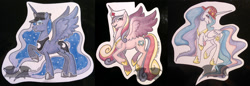 Size: 1200x415 | Tagged: safe, artist:temrin, princess cadance, princess celestia, princess luna, alicorn, pony, grin, smiling, traditional art