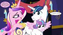 Size: 1280x720 | Tagged: safe, edit, edited screencap, screencap, princess cadance, princess flurry heart, shining armor, alicorn, pony, unicorn, best gift ever, candle, crown, cute, cutedance, dialogue, female, hoof shoes, jewelry, male, mare, regalia, shiningcadance, shipping, speech bubble, stallion, straight, twilight's castle