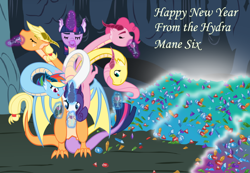 Size: 1280x886 | Tagged: artist needed, safe, derpibooru import, applejack, fluttershy, pinkie pie, rainbow dash, rarity, twilight sparkle, hydra, ask hydra mane 6, conjoined, happy new year, hilarious in hindsight, holiday, hydra pony, hydrafied, mane six, mane six hydra, multiple heads, new year, six heads, species swap