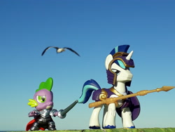 Size: 4128x3096 | Tagged: safe, artist:dingopatagonico, shining armor, spike, pony, unicorn, armor, guardians of harmony, irl, photo, spear, toy, weapon