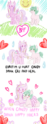 Size: 864x2244 | Tagged: safe, artist:dankflank, princess cadance, oc, oc:dankflank, alicorn, earth pony, pony, 1000 hours in ms paint, best friends, best friends forever, bff, blank flank, blushing, cute, doodle, duo, female, heart, implied abuse, mare