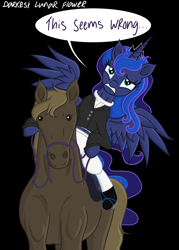 Size: 3445x4823 | Tagged: safe, artist:darkest-lunar-flower, princess luna, alicorn, horse, pony, black background, bridle, clothes, equestrian, female, frown, gritted teeth, hoof hold, horse-pony interaction, looking at you, mare, ponies riding horses, reins, riding, simple background, spread wings, tack, wings, worried