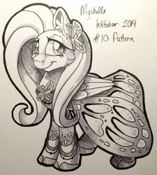 Size: 1843x2048 | Tagged: safe, artist:mychelle, fluttershy, pegasus, pony, clothes, dress, inktober, inktober 2019, monochrome, solo, traditional art