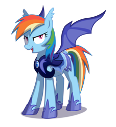 Size: 3028x3339 | Tagged: safe, artist:kaermter, rainbow dash, bat pony, pony, bat ponified, hilarious in hindsight, night guard, night guard dash, open mouth, race swap, rainbowbat, simple background, smiling, solo, spread wings, transparent background