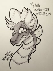 Size: 1525x2048 | Tagged: safe, artist:mychelle, spike's fake mother, dragon, bust, female, inktober, inktober 2019, monochrome, portrait, solo, traditional art