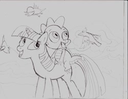 Size: 825x637 | Tagged: safe, artist:ced75, derpibooru import, spike, twilight sparkle, unicorn twilight, dragon, pony, unicorn, winter wrap up, dragons riding ponies, duo, female, grayscale, male, mare, monochrome, riding, sketch