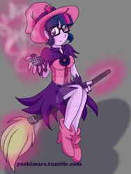 Size: 1024x1365 | Tagged: safe, artist:kasei-yoshi, derpibooru import, sci-twi, twilight sparkle, breezie, equestria girls, friendship games, broom, clothes, costume, fingerless elbow gloves, flying, flying broomstick, glasses, gloves, hat, lace, looking at you, magic, simple background, solo, watermark, witch, witch hat