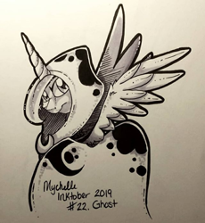 Size: 552x600 | Tagged: safe, artist:mychelle, princess luna, alicorn, pony, cloak, clothes, female, inktober, inktober 2019, mare, monochrome, solo, spirit of hearth's warming yet to come, traditional art