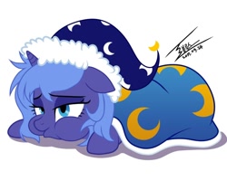 Size: 740x592 | Tagged: safe, artist:bluse, princess luna, alicorn, pony, blanket, cute, female, filly, floppy ears, hat, mare, morning ponies, nightcap, s1 luna, signature, simple background, solo, tired, white background, woona, younger