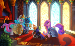 Size: 1200x742 | Tagged: safe, artist:asimos, princess cadance, princess celestia, princess luna, oc, oc:foxtor volpes, alicorn, fox, fox pony, hybrid, original species, pony, alicorn triarchy, armor, beautiful, clothes, coat, crown, dress, ethereal mane, ethereal tail, female, flowing mane, flowing tail, glowing horn, jewelry, knighting, levitation, magic, male, mare, multicolored mane, multicolored tail, pants, reading, regalia, royal sisters, siblings, sisters, stained glass, stallion, sword, telekinesis, throne room, weapon
