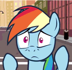 Size: 369x356 | Tagged: safe, artist:flamingo1986, rainbow dash, pegasus, pony, animated, double rainboom, scared, townsville, worried