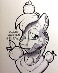 Size: 1152x1440 | Tagged: safe, artist:mychelle, big macintosh, earth pony, pony, apple, bust, food, freckles, inktober, inktober 2019, male, monochrome, portrait, solo, stallion, straw in mouth, traditional art, yoke