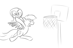 Size: 553x364 | Tagged: safe, artist:tggeko, fluttershy, rainbow dash, pegasus, pony, ball, basketball, dunk, flutterball, sketch, transformation