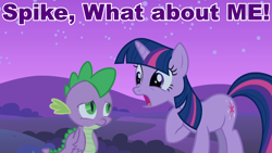 Size: 960x540 | Tagged: safe, derpibooru import, screencap, spike, twilight sparkle, dragon, owl's well that ends well, image macro, meme, purple text
