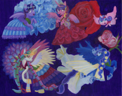 Size: 6000x4756 | Tagged: safe, artist:kelseyleah, princess cadance, princess celestia, princess flurry heart, princess luna, twilight sparkle, twilight sparkle (alicorn), alicorn, pony, absurd resolution, clothes, dress, flower, painting, traditional art