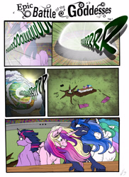 Size: 2550x3506 | Tagged: safe, artist:lupiarts, artist:snoopystallion, princess cadance, princess celestia, princess flurry heart, princess luna, shining armor, twilight sparkle, twilight sparkle (alicorn), alicorn, pony, unicorn, collaboration, comic:epic battle of the goddesses, burping contest, clapping ponies, comic, competition, expressions, floppy ears, funny, majestic as fuck, royal sisters