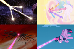 Size: 1500x1000 | Tagged: safe, derpibooru import, screencap, princess celestia, twilight sparkle, twilight sparkle (alicorn), alicorn, pony, babylon 5, elements of harmony, female, laser, magic, magic blast, mare, space, spaceship