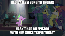 Size: 888x499 | Tagged: safe, edit, edited screencap, screencap, shining armor, spike, thorax, changeling, crystal pony, dragon, pony, unicorn, the times they are a changeling, a changeling can change, caption, crystal castle, image macro, meme, royal guard, song, text