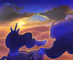Size: 6000x5000 | Tagged: safe, artist:mylittlegodzilla, princess luna, alicorn, pony, absurd resolution, cloud, color porn, female, mare, rear view, sky, small wings, solo, sunset