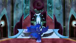 Size: 2560x1440 | Tagged: safe, artist:drakizora, artist:laszlvfx, artist:theonewiththeoctaves, edit, princess luna, alicorn, pony, castle, female, mare, smiling, solo, spread wings, throne, throne room, vector, wallpaper, wallpaper edit, wings