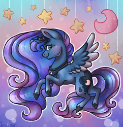 Size: 1024x1059 | Tagged: safe, artist:twixyamber, princess luna, alicorn, pony, flying, looking at you, moon, solo, stars