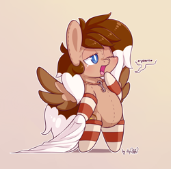 Size: 2433x2400 | Tagged: safe, artist:dsp2003, oc, oc only, oc:cinnamon toast, original species, pegasus, pony, 2017, bipedal, blanket, blushing, chibi, clothes, cute, female, gradient background, key, lifeloser-ish, mare, one eye closed, open mouth, plush pony, simple background, socks, striped socks, style emulation, tongue out, yawn