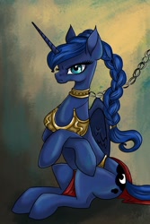 Size: 600x900 | Tagged: safe, artist:robinanchor, princess luna, alicorn, daring don't, aladdin, bondage, braid, chains, clothes, collar, cosplay, costume, crossed arms, disney, luna is not amused, slave leia outfit, star wars, this will not end well, unamused