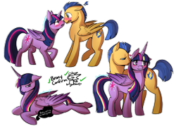 Size: 1024x734 | Tagged: safe, artist:starmonstar, derpibooru import, flash sentry, twilight sparkle, twilight sparkle (alicorn), alicorn, pony, alternate hairstyle, blushing, female, flashlight, heart, kissing, male, mare, pregnant, shipping, straight