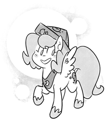 Size: 664x749 | Tagged: safe, artist:egophiliac, princess luna, alicorn, pony, abstract background, cartographer's cap, female, filly, grayscale, hat, monochrome, moonstuck, raised hoof, smiling, solo, spread wings, wings, woona, younger