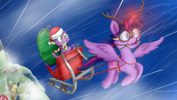 Size: 3000x1692 | Tagged: safe, artist:041744, derpibooru import, spike, twilight sparkle, twilight sparkle (alicorn), alicorn, dragon, pony, christmas, female, mare, sleigh