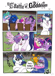 Size: 2550x3506 | Tagged: safe, artist:lupiarts, artist:snoopystallion, princess cadance, princess celestia, princess flurry heart, princess luna, shining armor, twilight sparkle, twilight sparkle (alicorn), alicorn, pony, unicorn, collaboration, comic:epic battle of the goddesses, burping contest, clapping ponies, comic, competition, expressions, floppy ears, funny, grin, majestic as fuck, royal sisters, smiling, sunglasses