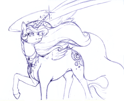 Size: 3068x2508 | Tagged: safe, artist:longinius, princess luna, alicorn, pony, ballpoint pen, female, jewelry, mare, monochrome, raised hoof, sketch, solo, traditional art, wings