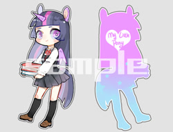 Size: 500x380 | Tagged: safe, artist:kura, derpibooru import, twilight sparkle, human, book, clothes, eared humanization, horned humanization, humanized, kneesocks, looking at you, schoolgirl, simple background, socks, solo, tailed humanization, watermark, winged humanization