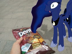 Size: 1080x810 | Tagged: safe, princess luna, alicorn, pony, augmented reality, chips, doritos, food, irl, photo, ponies in real life, shrunken pupils, spread wings, wings