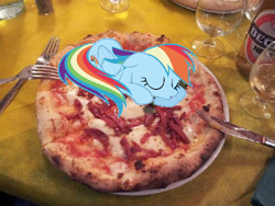 Size: 548x411 | Tagged: safe, rainbow dash, copypasta, food, fork, irl, knife, photo, pizza, plate, ponies in real life, sacrifice, spicy, table