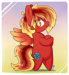 Size: 1778x1932 | Tagged: safe, artist:dsp2003, oc, oc only, oc:sky flare, pegasus, pony, semi-anthro, 2017, bipedal, chibi, commission, crossed hooves, female, lifeloser-ish, mare, piercing, raspberry, simple background, smiling, solo, style emulation, tongue out, wing piercing