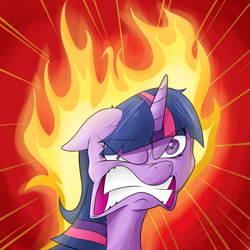 Size: 2500x2500 | Tagged: safe, artist:theimmolatedpoet, derpibooru import, twilight sparkle, angry, death stare, fire, fire head, floppy ears, frown, glare, grimace, gritted teeth, looking at you, mane of fire, mismatched eyes, on fire, rage, rapidash twilight, solo, vein bulge