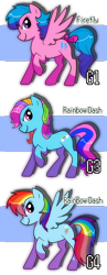 Size: 700x1810 | Tagged: dead source, safe, artist:shufflestripes, firefly, rainbow dash, rainbow dash (g3), g1, g3, comparison, g1 to g4, g3 to g4, generation leap