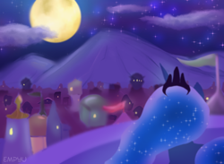 Size: 1000x733 | Tagged: safe, artist:empyu, princess luna, alicorn, pony, 45 minute art challenge, canterlot, female, mare, moon, night, rear view, solo, stars