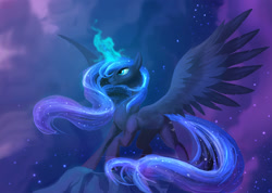 Size: 1500x1068 | Tagged: safe, artist:jaeneth, princess luna, alicorn, pony, female, magic, mare, night, solo, spread wings, windswept mane, wings