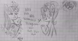 Size: 2728x1438 | Tagged: safe, artist:mjsw, starlight glimmer, twilight sparkle, twilight sparkle (alicorn), alicorn, pony, unicorn, graph paper, hammer and sickle, magic, monochrome, stalin glimmer, thought bubble, traditional art, uninterested