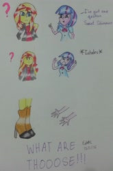 Size: 1814x2756 | Tagged: safe, artist:lizzyisme, derpibooru import, sunset shimmer, twilight sparkle, equestria girls, horseshoes, meme, traditional art, what are thoooose