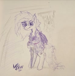 Size: 1912x1943 | Tagged: safe, artist:mjsw, oc, oc only, bat pony, clothes, sketch, solo, sword, traditional art, weapon