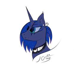 Size: 3000x3000 | Tagged: safe, artist:taylorgans, princess luna, alicorn, pony, alternate hairstyle, alternate universe, bust, cute, female, galaxy mane, jewelry, latin, mare, new lunar republic, nudity, peytral, portrait, simple background, solo, stars, text, transparent background