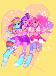 Size: 1500x2043 | Tagged: safe, artist:yam, derpibooru import, pinkie pie, rainbow dash, twilight sparkle, human, belly button, clothes, humanized, midriff, ribbon, skirt