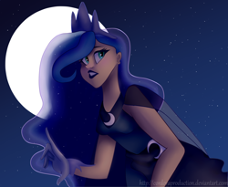 Size: 1024x841 | Tagged: safe, artist:cordovaproduction, princess luna, human, blue lipstick, clothes, dress, female, gloves, humanized, lipstick, moon, night, signature, sky, solo