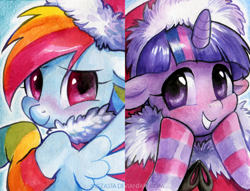 Size: 600x458 | Tagged: safe, artist:miszasta, derpibooru import, rainbow dash, twilight sparkle, pegasus, pony, blushing, clothes, floppy ears, hat, santa hat, socks, striped socks, traditional art